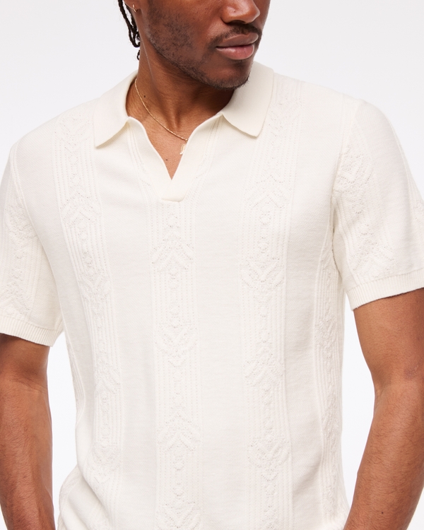 Jacquard Stripe Johnny Collar Sweater Polo, Cream view 2