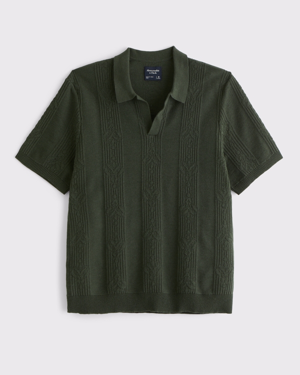 Jacquard Stripe Johnny Collar Sweater Polo, Dark Green view 1