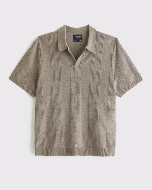 Jacquard Stripe Johnny Collar Sweater Polo, Light Brown view 1