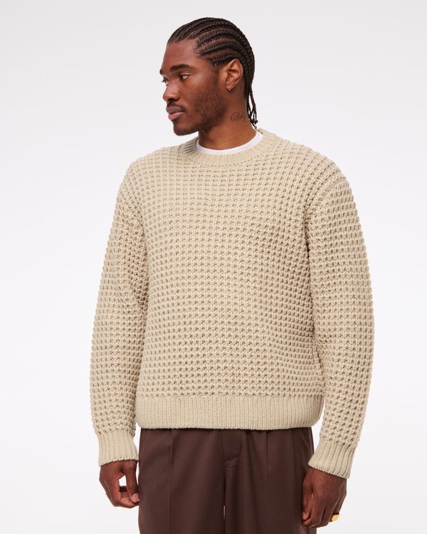 Oversized Chunky Waffle Crew Sweater, Taupe view 1