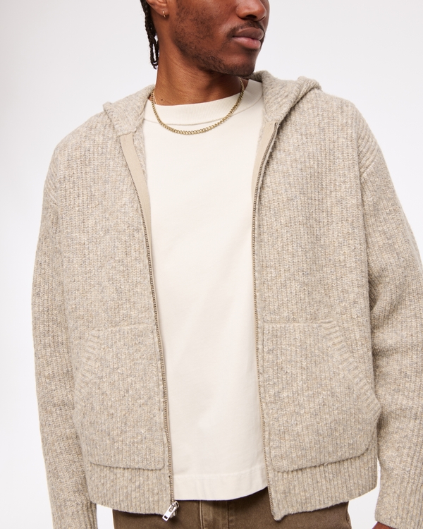 Cropped Full-Zip Hooded Sweater, Taupe view 1