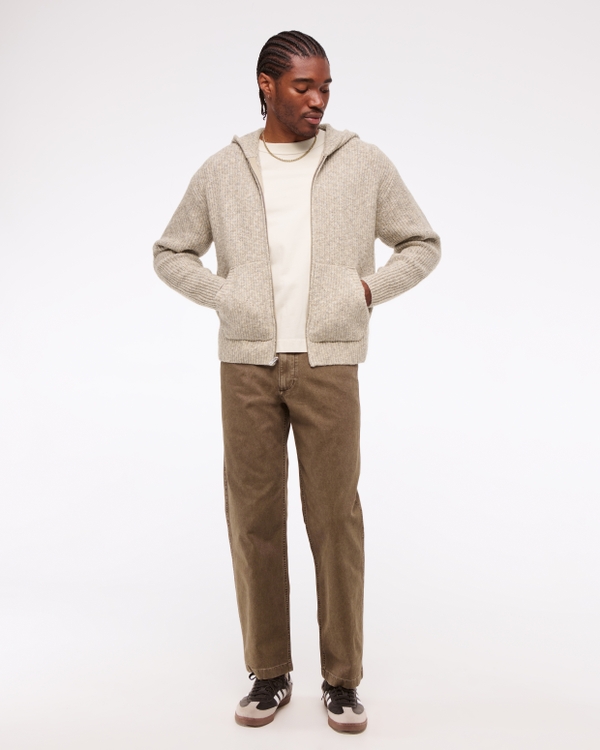 Cropped Full-Zip Hooded Sweater, Taupe view 2