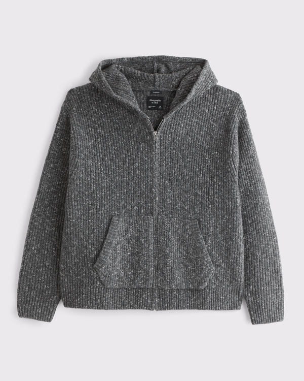 Cropped Full-Zip Hooded Sweater, Gray view 1