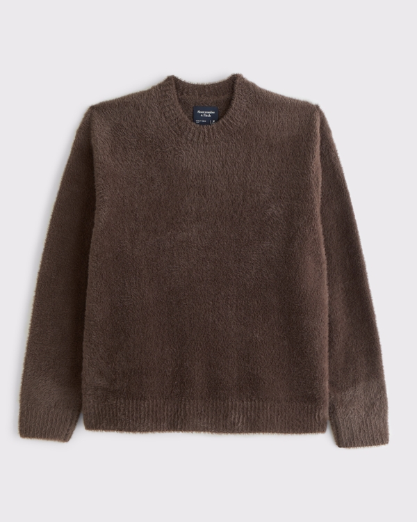 Oversized Fuzzy Crew Sweater, Chocolate Brown view 1