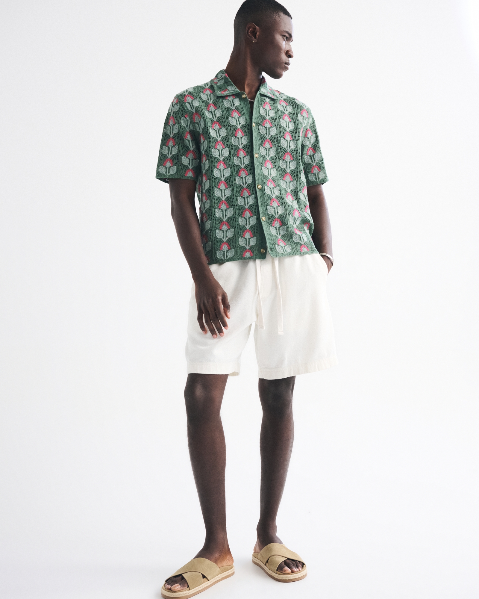 Crochet-Style Floral Button-Through Sweater Polo