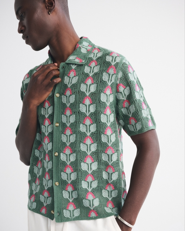 Crochet-Style Floral Button-Through Sweater Polo