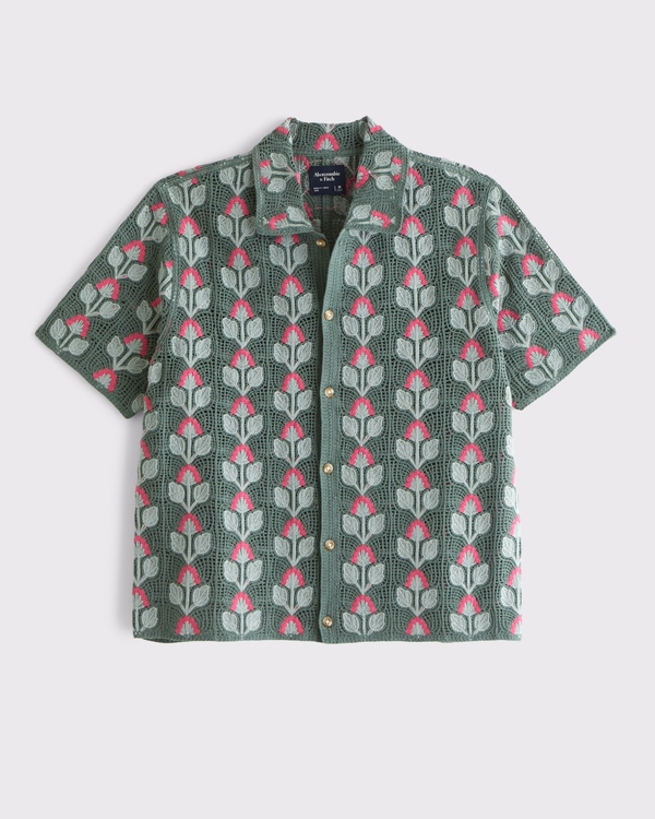 Crochet-Style Floral Button-Through Sweater Polo