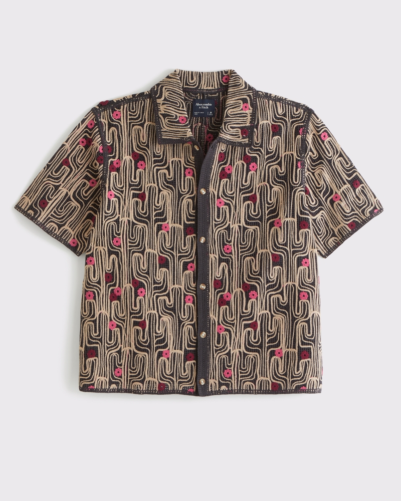 Crochet-Style Cactus Button-Through Sweater Polo