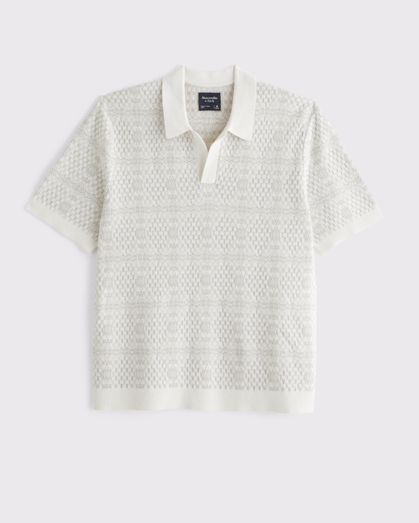 Textile-Inspired Johnny Collar Sweater Polo, Cream Pattern view 1