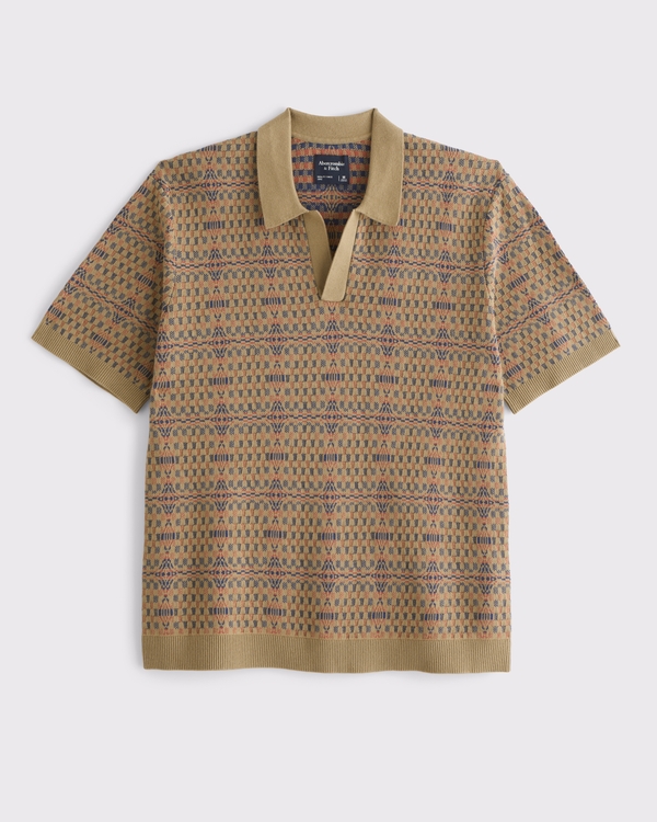 Textile-Inspired Johnny Collar Sweater Polo, Khaki Pattern view 1