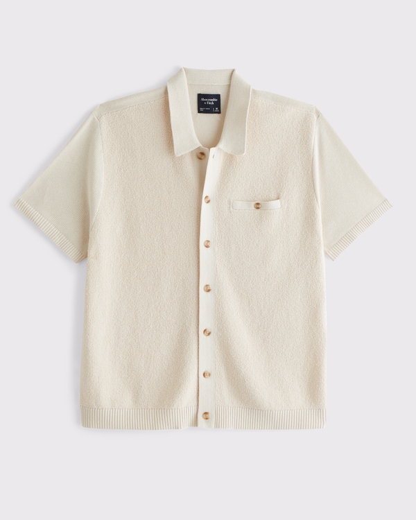 Retro-Inspired Button-Through Sweater Polo, Warm Beige view 1