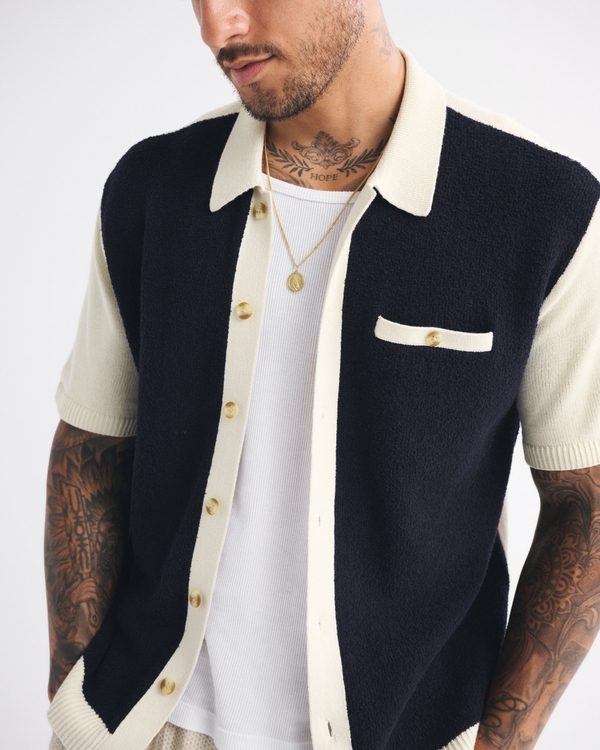 Retro-Inspired Button-Through Sweater Polo, Navy view 1