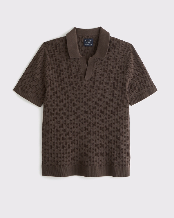 Textured Johnny Collar Sweater Polo, Chocolate Brown view 1