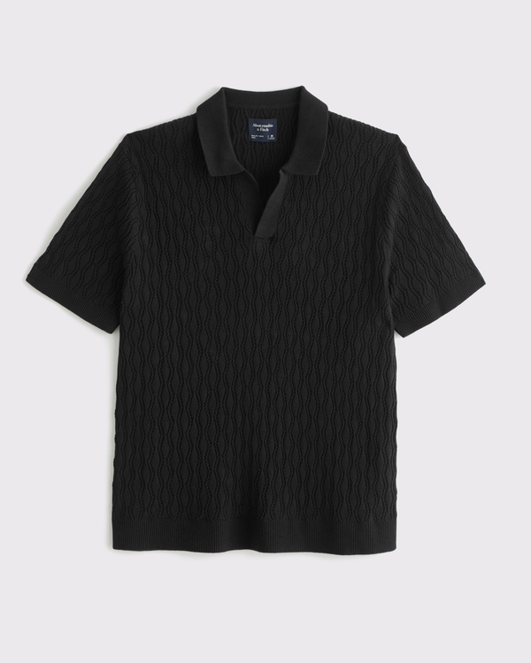 Textured Johnny Collar Sweater Polo, Black view 1