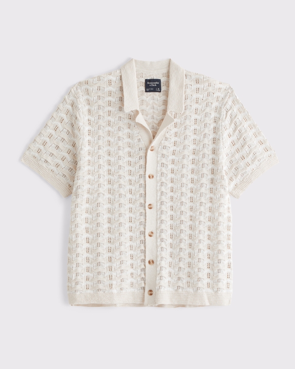 Crochet-Style Button-Through Sweater Polo, Warm Beige Pattern view 1