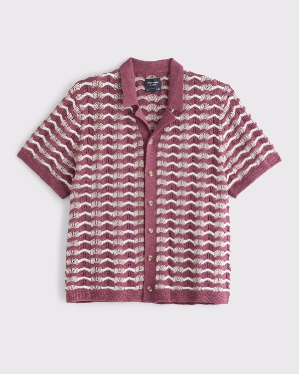 Crochet-Style Button-Through Sweater Polo, Maroon Pattern view 1