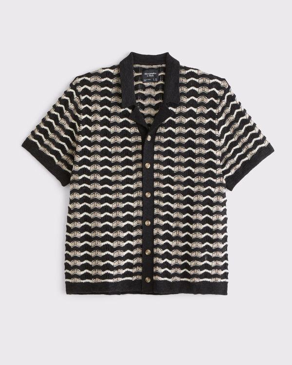 Crochet-Style Button-Through Sweater Polo, Black Pattern view 1