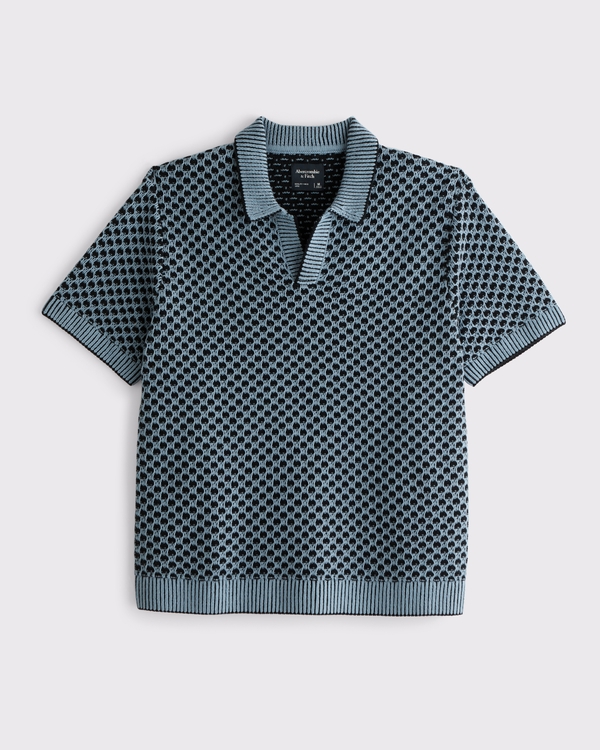 100% Cotton Casual Johnny Collar Sweater Polo, Blue Pattern view 1