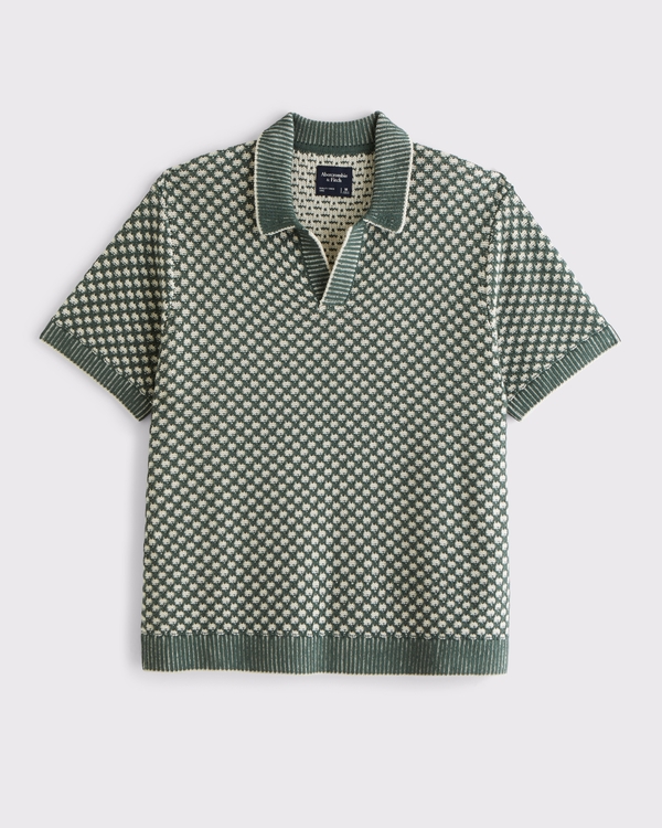 100% Cotton Casual Johnny Collar Sweater Polo, Green Pattern view 1
