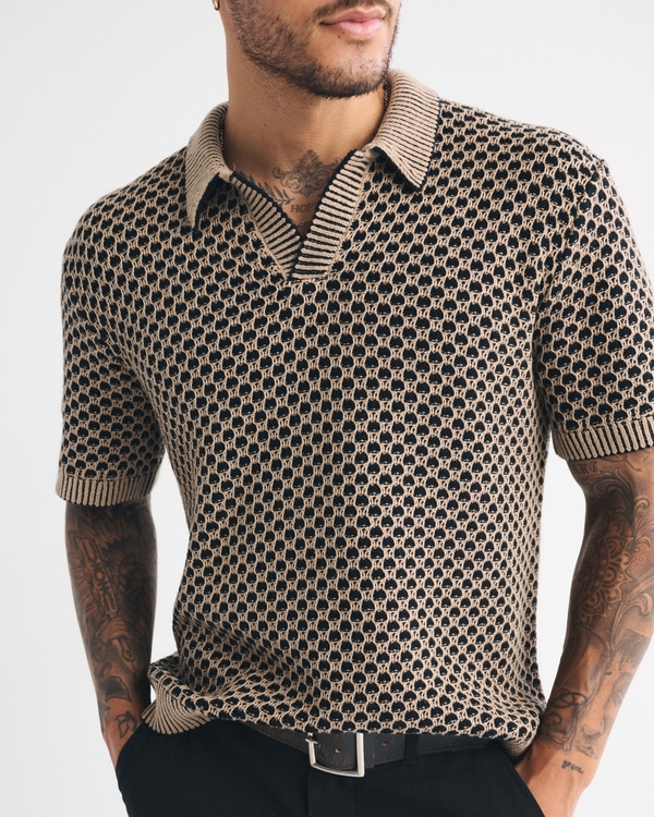 100% Cotton Casual Johnny Collar Sweater Polo, Light Brown Pattern view 1