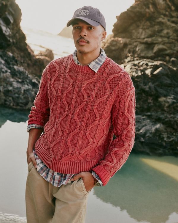 Washed Cable Crew Sweater, Dark Red view 1