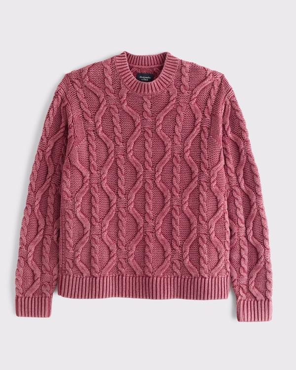 Washed Cable Crew Sweater, Dark Red view 2