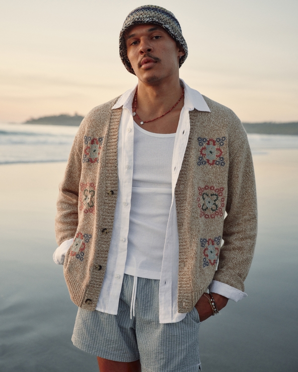 Floral Embroidered Cardigan, Light Brown view 1