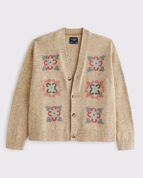 Floral Embroidered Cardigan, Light Brown view 1
