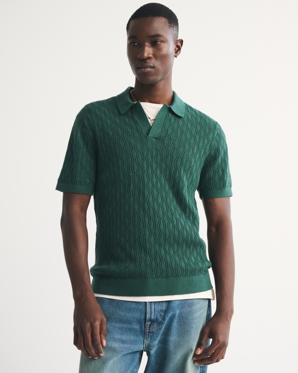 Textured Johnny Collar Sweater Polo, Green view 1