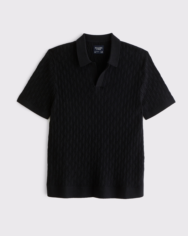 Textured Johnny Collar Sweater Polo, Black view 1