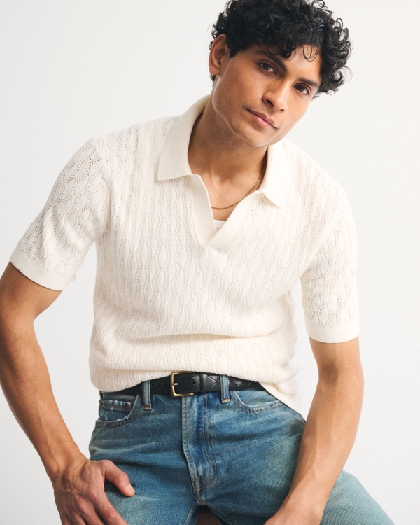 Textured Johnny Collar Sweater Polo, Cream view 1