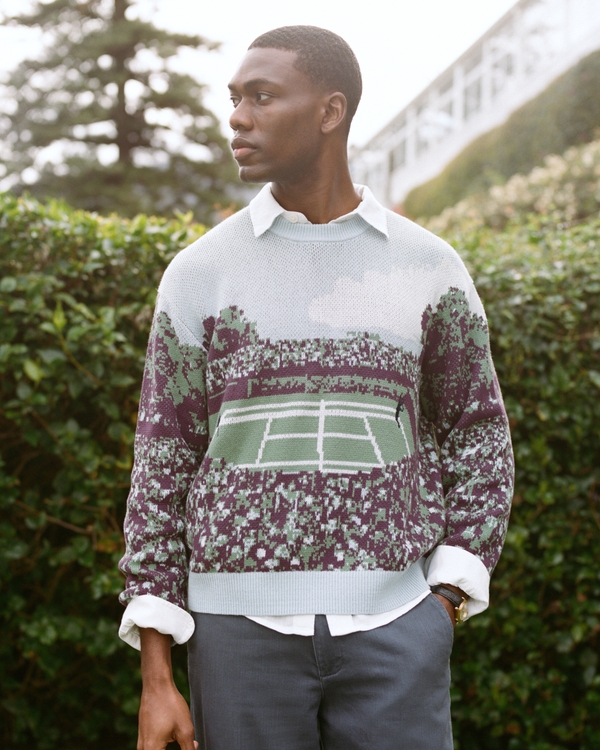Pullover mit Rundhalsausschnitt und Tennisgrafik, Hellblau Gemustert view 1