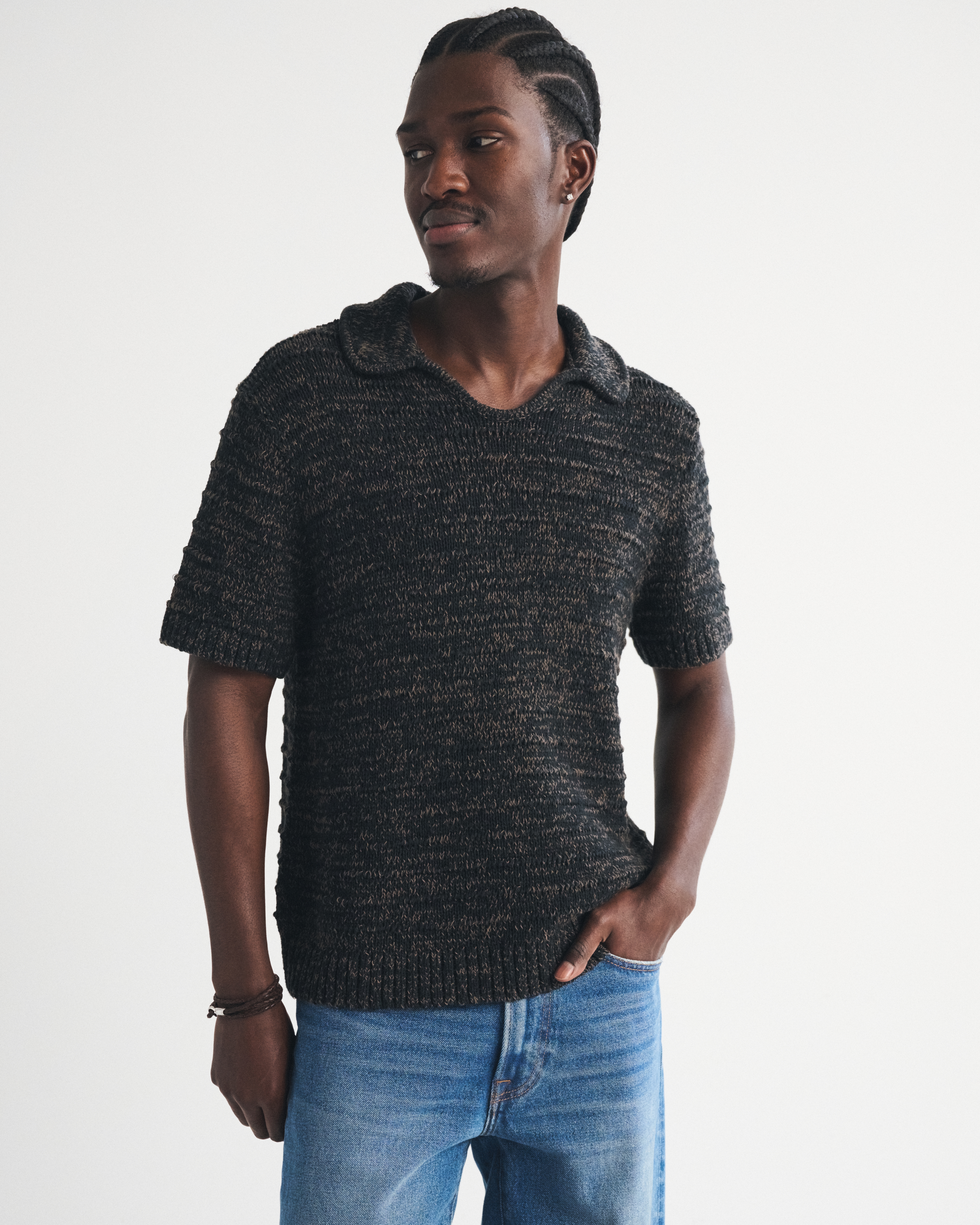 Мужские рубашки Abercrombie & Fitch Textural Johnny Collar Sweater Polo, цвет: Чёрный — фото 2