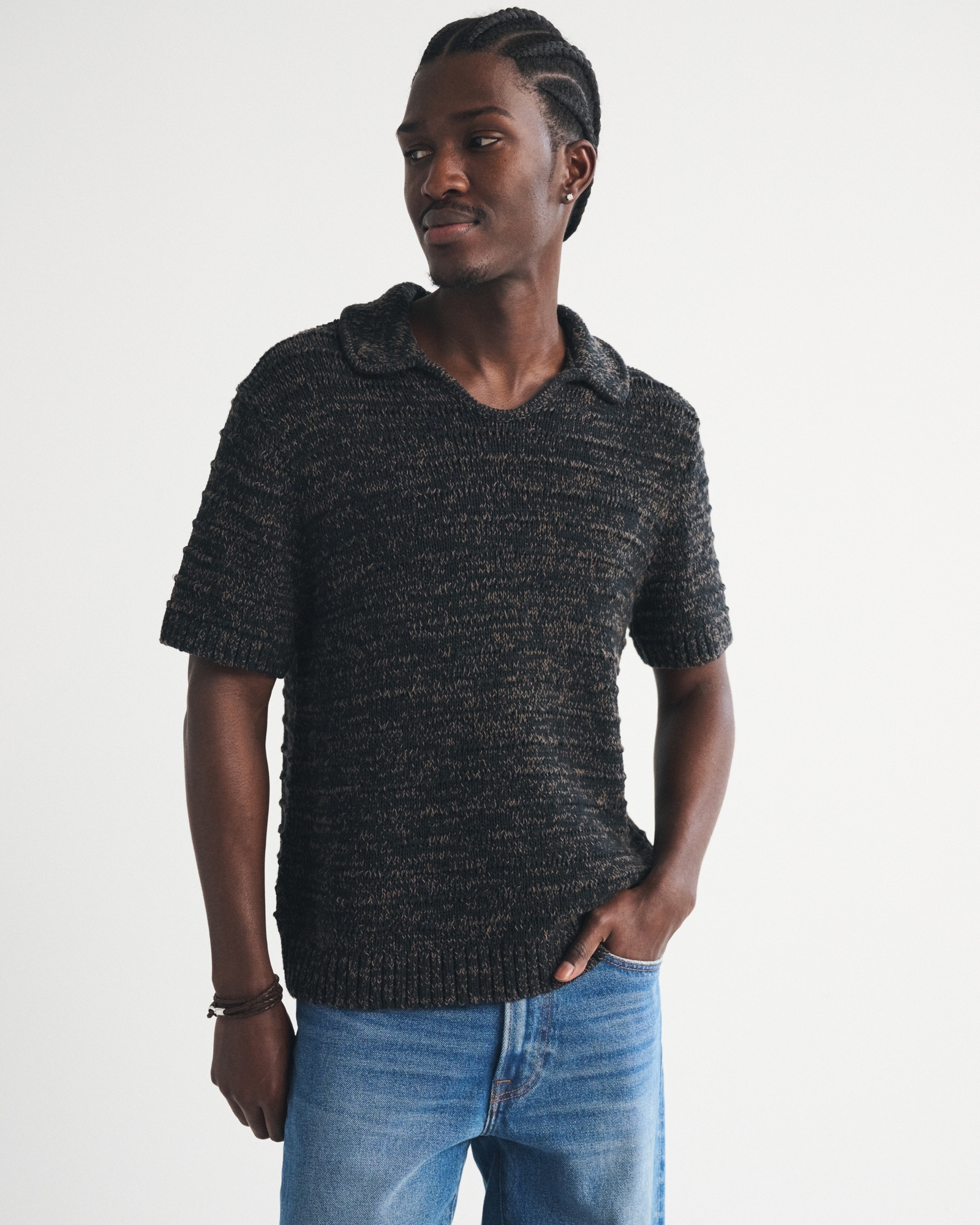 Abercrombie & Fitch Textural Striped Johnny Collar Sweater Polo