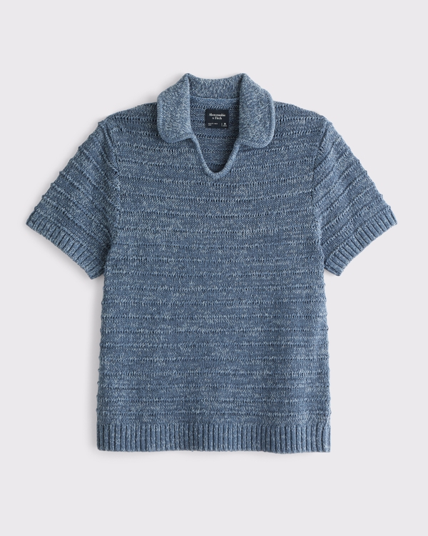 Textural Johnny Collar Sweater Polo, Blue view 1