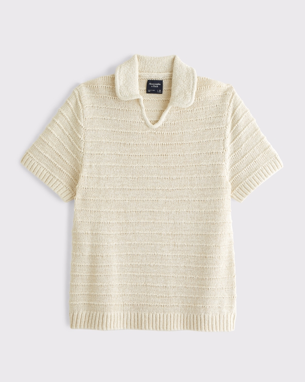 Textural Johnny Collar Sweater Polo, Cream view 1