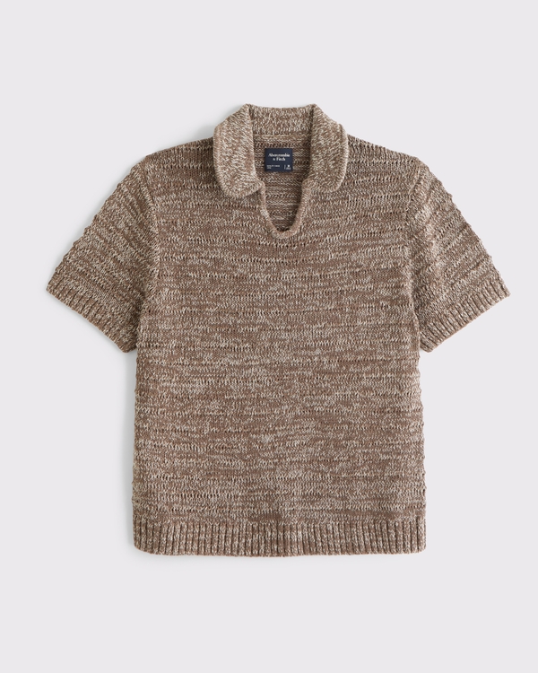 Textural Johnny Collar Sweater Polo, Light Brown view 1