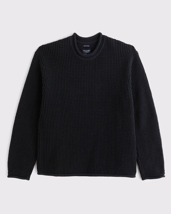 100% Cotton Waffle Roll Neck Crew Sweater, Black view 1