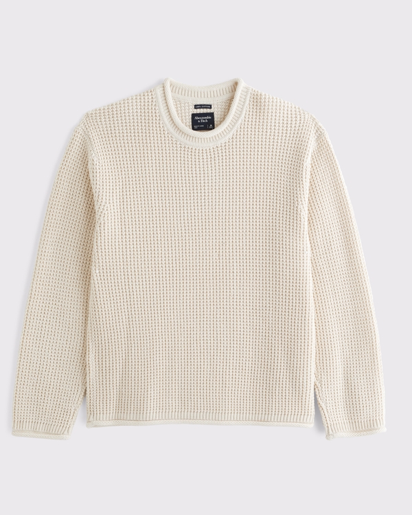 100% Cotton Waffle Roll Neck Crew Sweater, Warm Beige view 1