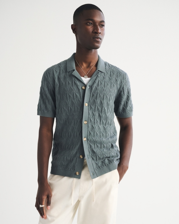 Diamond Stitch Button-Through Sweater Polo, Charcoal Green view 1