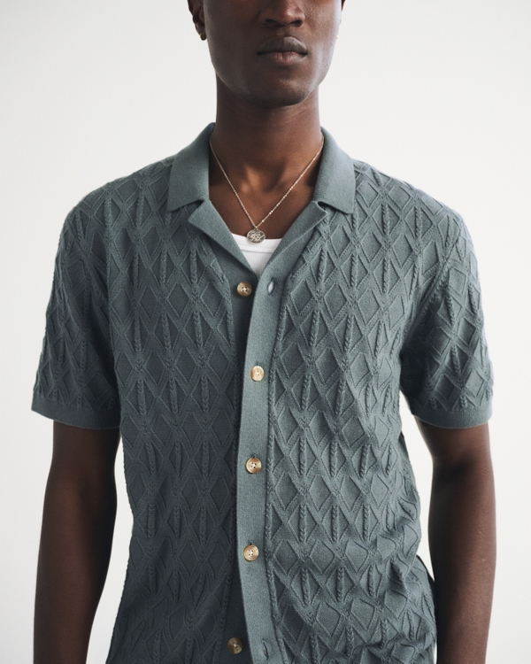 Diamond Stitch Button-Through Sweater Polo, Charcoal Green view 2