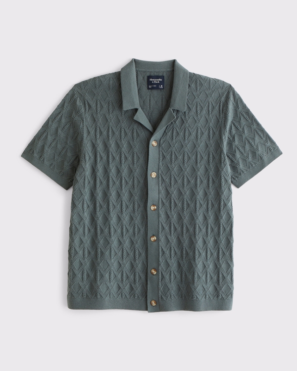 Textural Button-Through Sweater Polo, Charcoal Green view 1