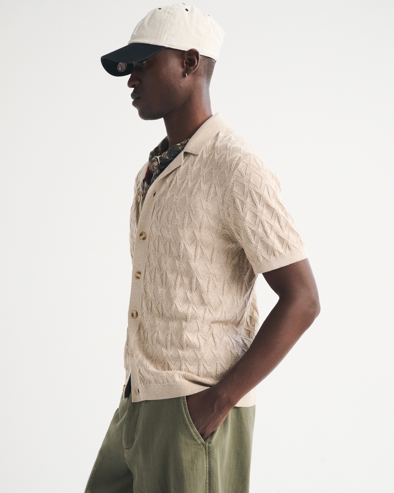 トップス voltagecontrolfilter MeshBorderKnitPolo Men's Diamond Stitch Button-Through Sweater Polo | Men's Tops