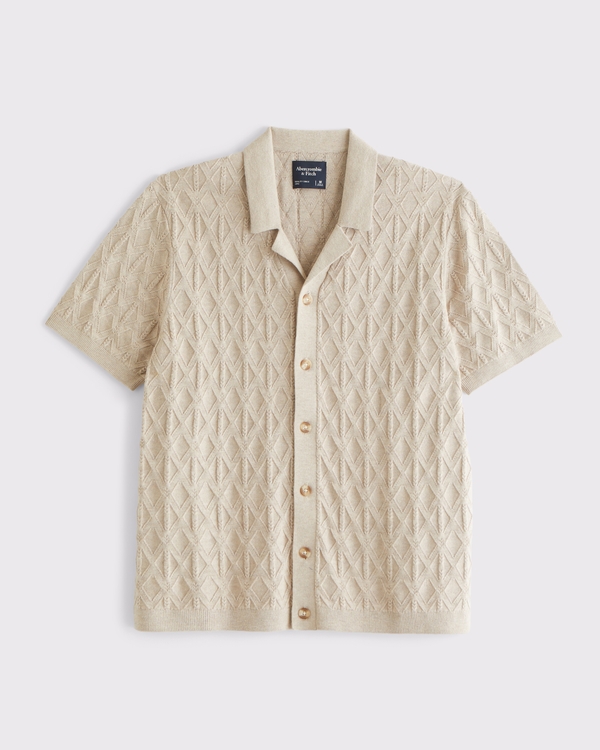 Textural Button-Through Sweater Polo, Light Brown view 1