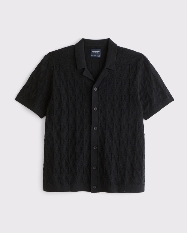 Textural Button-Through Sweater Polo, Black view 1