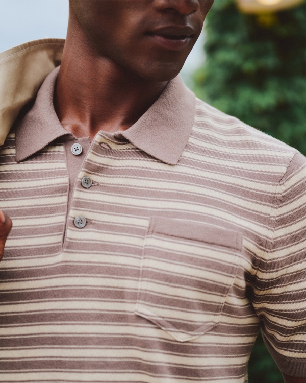 100% Pima Cotton Sweater Polo, Taupe Stripe view 1