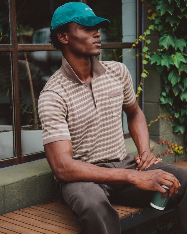 100% Pima Cotton Sweater Polo, Taupe Stripe view 2