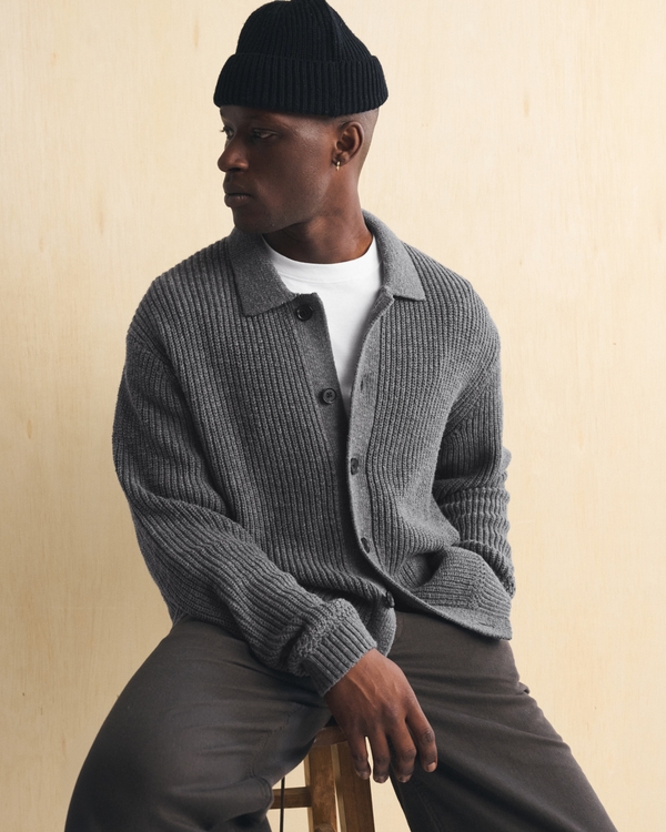 100% Cotton Collared Cardigan, Dark Heather Gray view 1