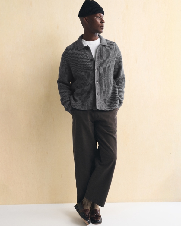 100% Cotton Collared Cardigan, Dark Heather Gray view 2