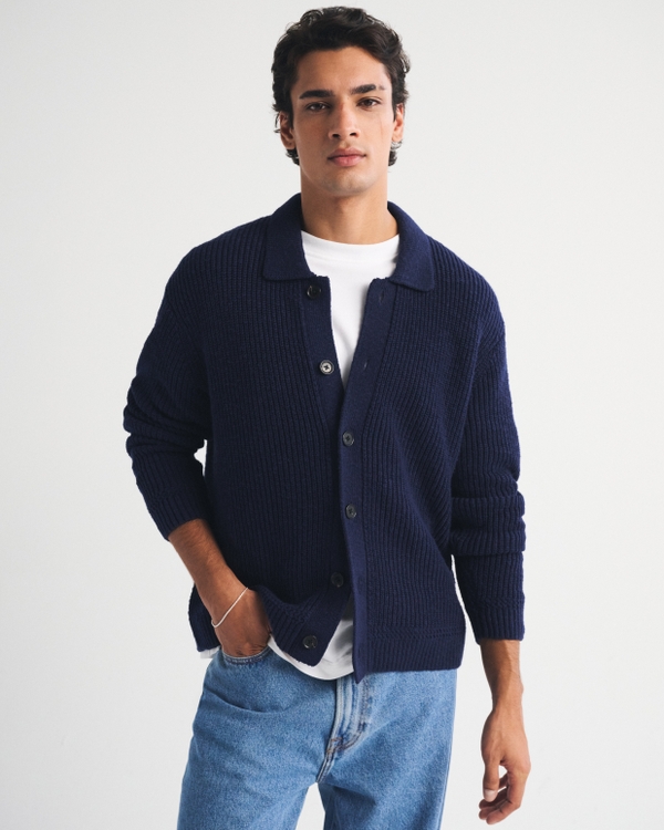 100% Cotton Rib Collared Cardigan, Muted Navy view 1